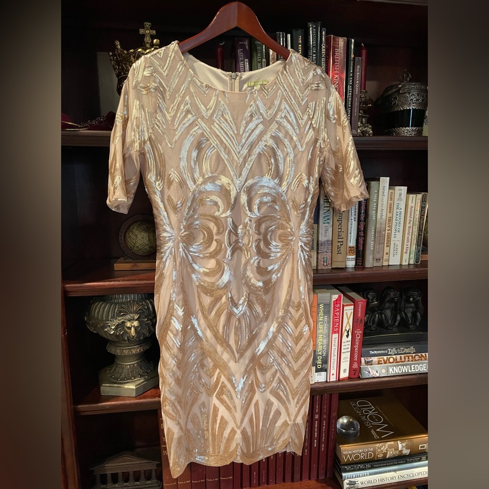 FINAL SALE Gianni Bini Waist Cinching Champagne Sequin Dress Sz M
